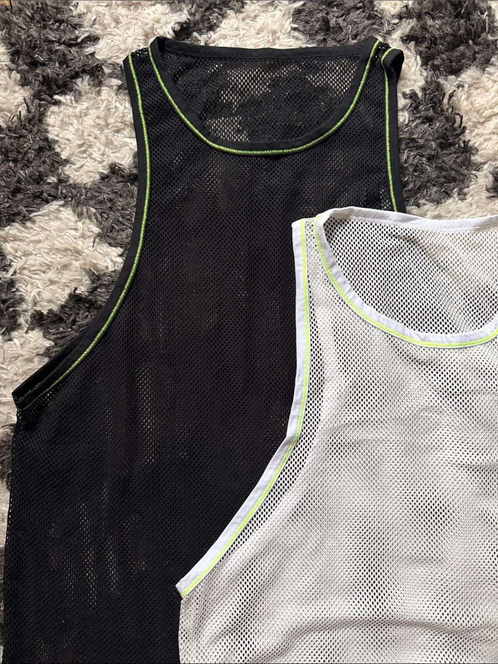 2-Pack Men’s Mesh Tank Tops- Black White with Neon Trim- Size Large